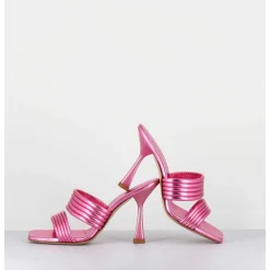 Mules Bout Carre Talon Haut Cuir Metallise Rose - Anne Laminato Ninfea