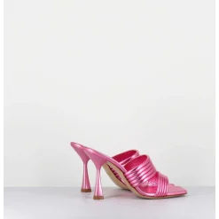 Mules Bout Carre Talon Haut Cuir Metallise Rose - Anne Laminato Ninfea