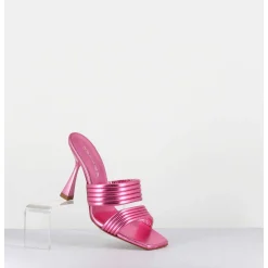 Mules Bout Carre Talon Haut Cuir Metallise Rose - Anne Laminato Ninfea