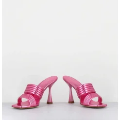 Mules Bout Carre Talon Haut Cuir Metallise Rose - Anne Laminato Ninfea