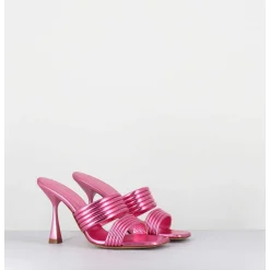 Mules Bout Carre Talon Haut Cuir Metallise Rose - Anne Laminato Ninfea