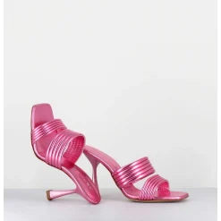 Mules Bout Carre Talon Haut Cuir Metallise Rose - Anne Laminato Ninfea