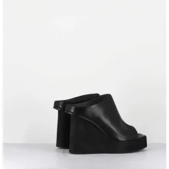 Mules Compensees Destructure En Cuir Noir - 3781 Gas Nero