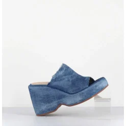 Mules Compensees 90S En Jean Bleu Lave - Masa3 Jeans Lavato
