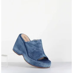 Mules Compensees 90S En Jean Bleu Lave - Masa3 Jeans Lavato