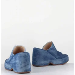Mules Compensees 90S En Jean Bleu Lave - Masa3 Jeans Lavato