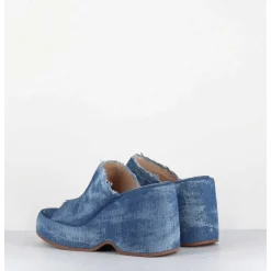 Mules Compensees 90S En Jean Bleu Lave - Masa3 Jeans Lavato