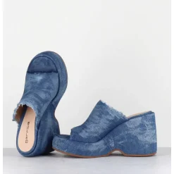Mules Compensees 90S En Jean Bleu Lave - Masa3 Jeans Lavato