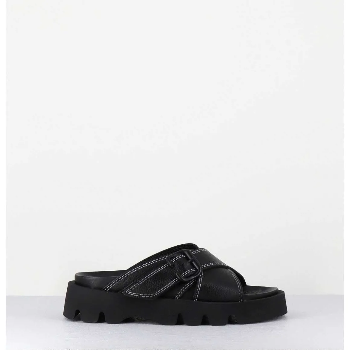 Mules En Cuir Noir Semelle Crantee - Lacey Black Sandals