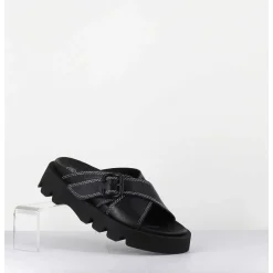 Mules En Cuir Noir Semelle Crantee - Lacey Black Sandals