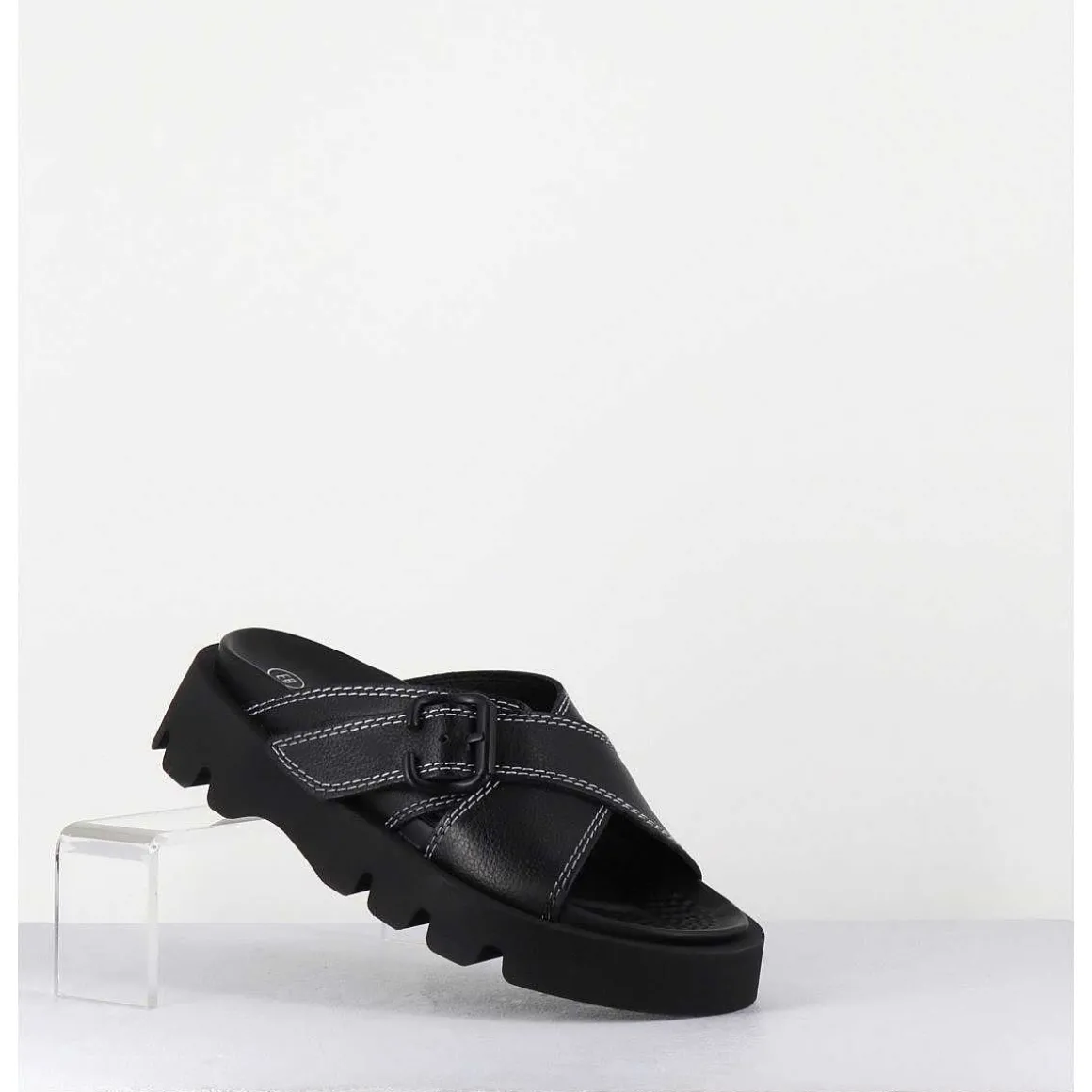 Mules En Cuir Noir Semelle Crantee - Lacey Black Sandals