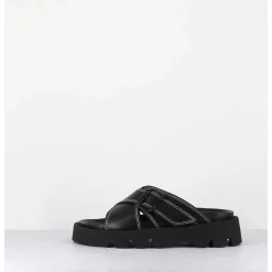 Mules En Cuir Noir Semelle Crantee - Lacey Black Sandals