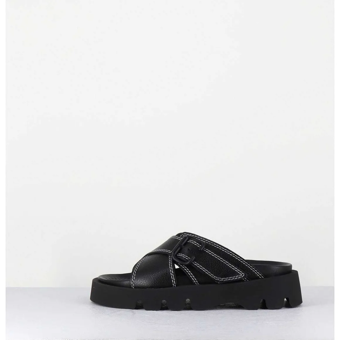 Mules En Cuir Noir Semelle Crantee - Lacey Black Sandals