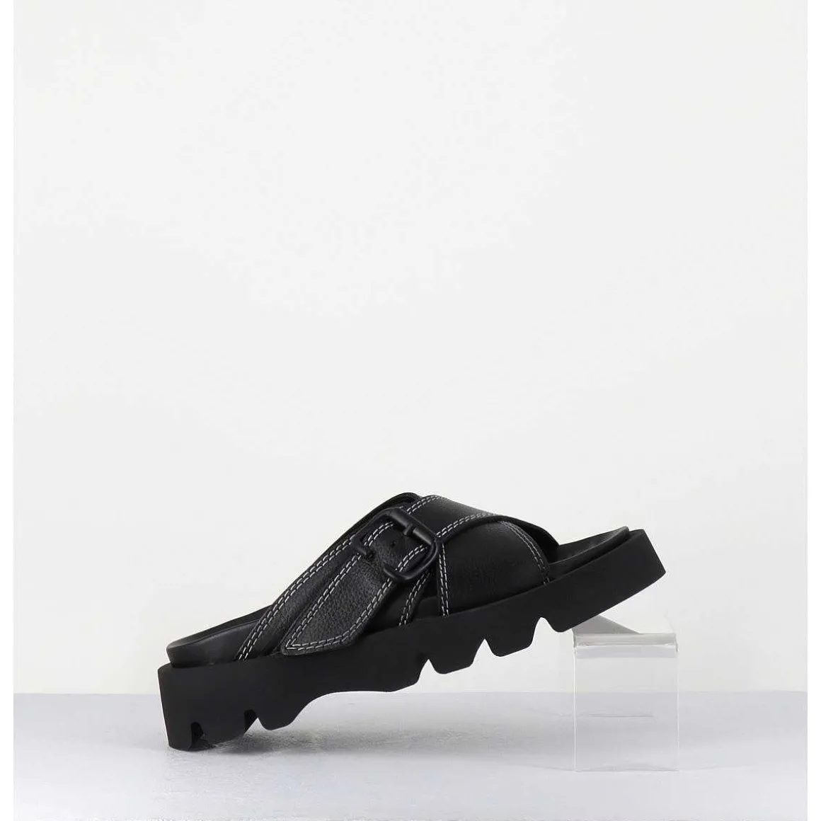 Mules En Cuir Noir Semelle Crantee - Lacey Black Sandals