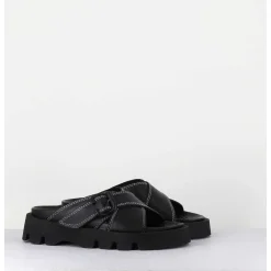 Mules En Cuir Noir Semelle Crantee - Lacey Black Sandals