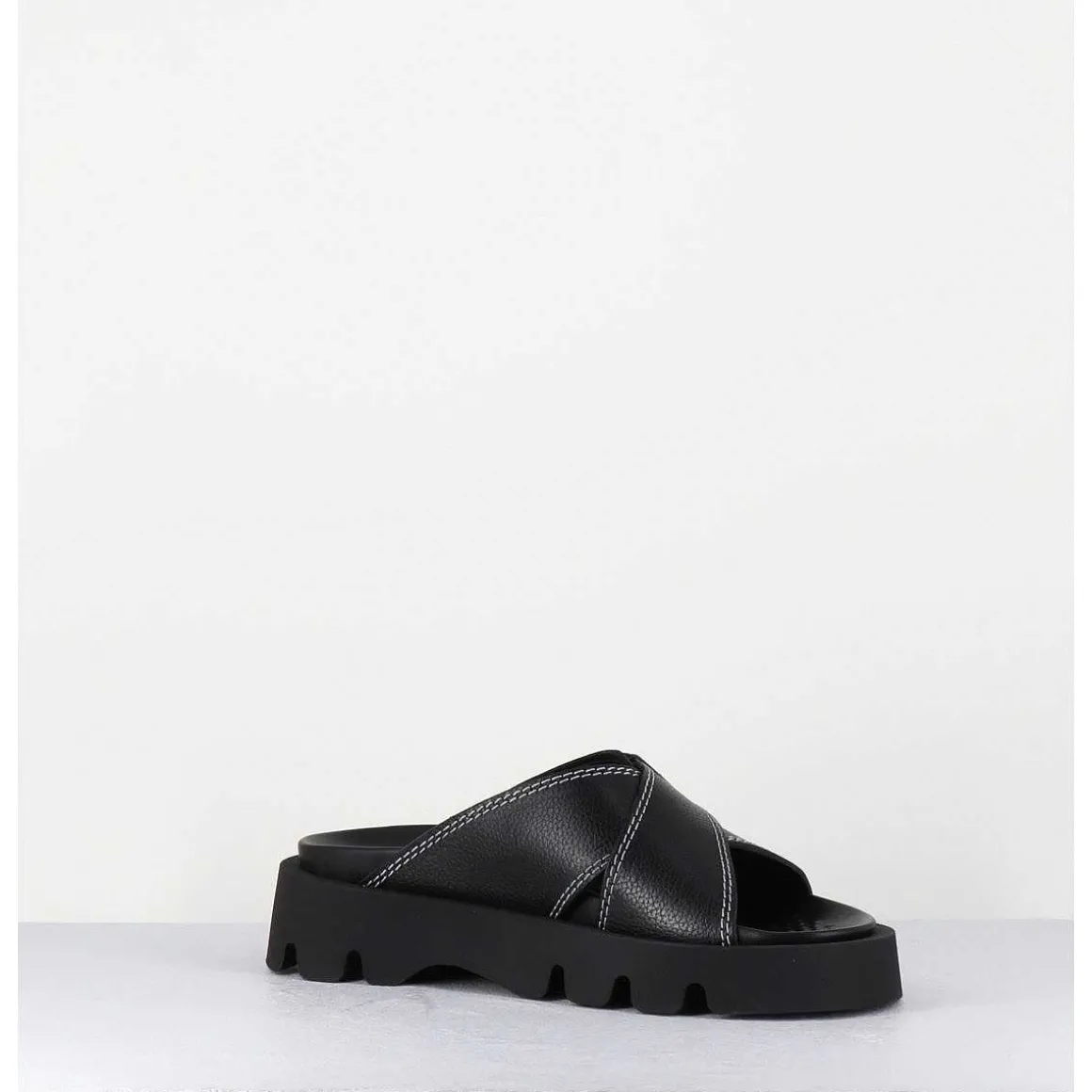 Mules En Cuir Noir Semelle Crantee - Lacey Black Sandals