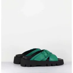 Mules En Cuir Vert Semelle Crantee - Lacey Green Sandals