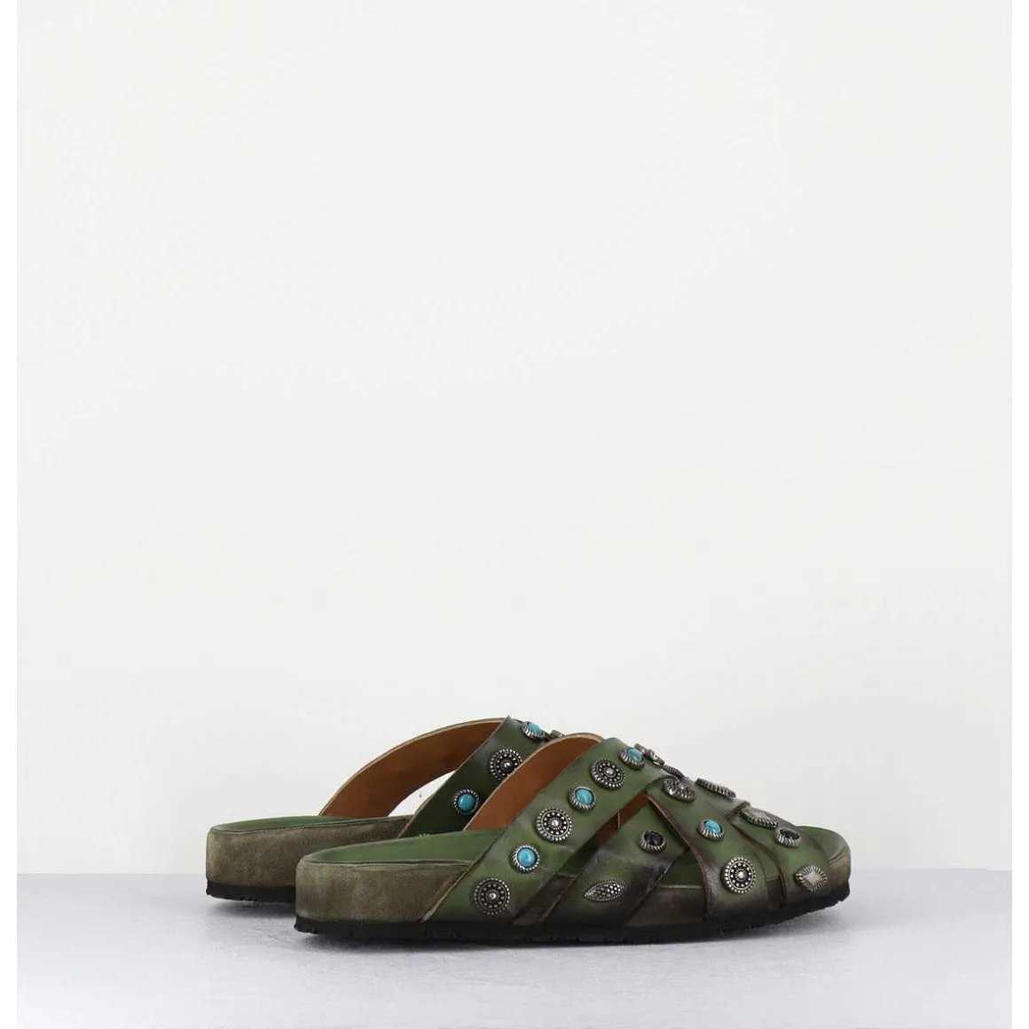 Mules Multi-Brides En Cuir Vert Ornees De Pierres - 3587Mod Verde