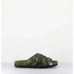 Mules Multi-Brides En Cuir Vert Ornees De Pierres - 3587Mod Verde
