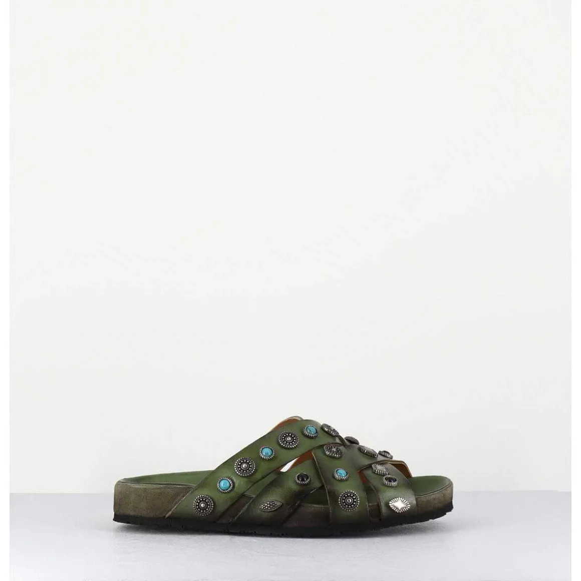Mules Multi-Brides En Cuir Vert Ornees De Pierres - 3587Mod Verde