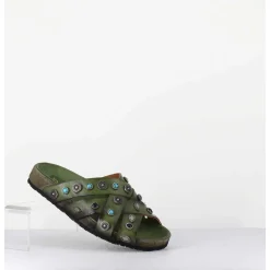 Mules Multi-Brides En Cuir Vert Ornees De Pierres - 3587Mod Verde