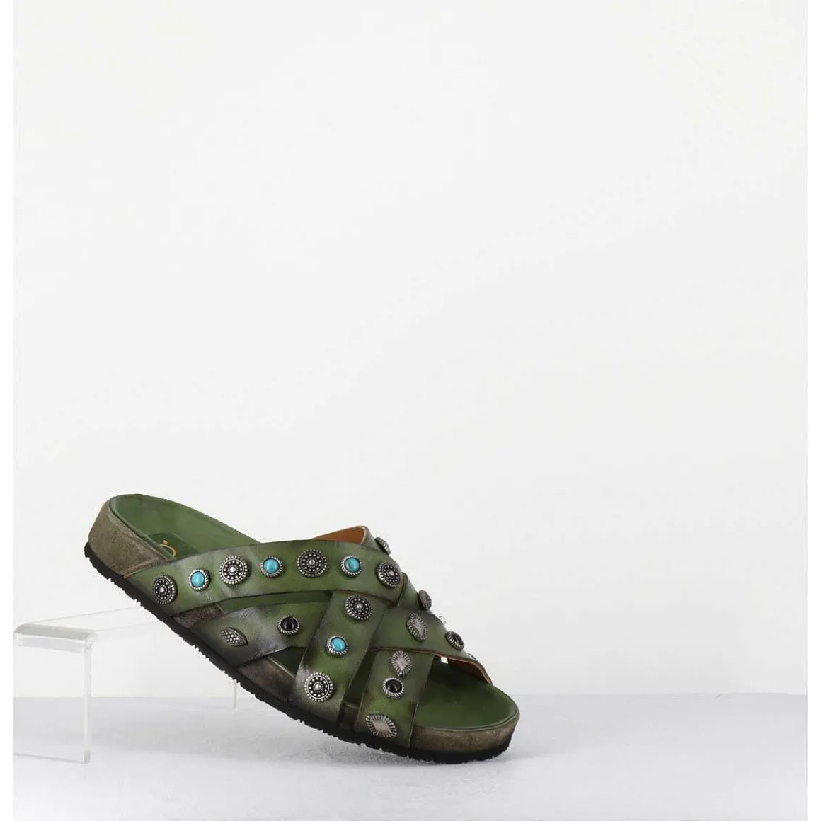 Mules Multi-Brides En Cuir Vert Ornees De Pierres - 3587Mod Verde