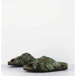 Mules Multi-Brides En Cuir Vert Ornees De Pierres - 3587Mod Verde