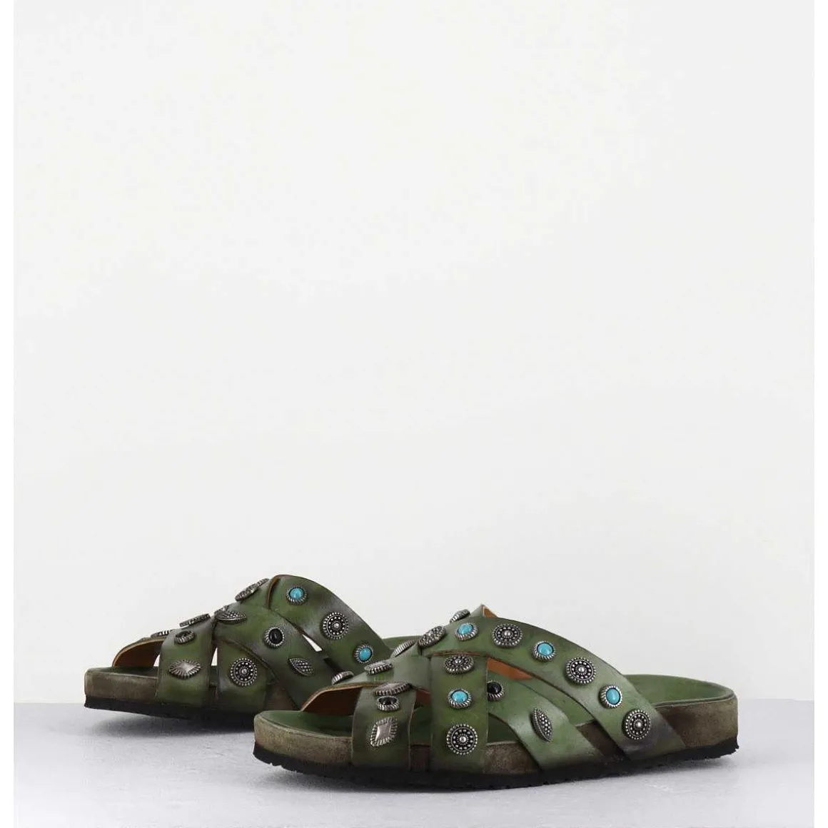 Mules Multi-Brides En Cuir Vert Ornees De Pierres - 3587Mod Verde