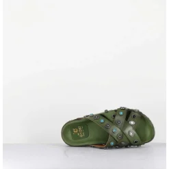 Mules Multi-Brides En Cuir Vert Ornees De Pierres - 3587Mod Verde