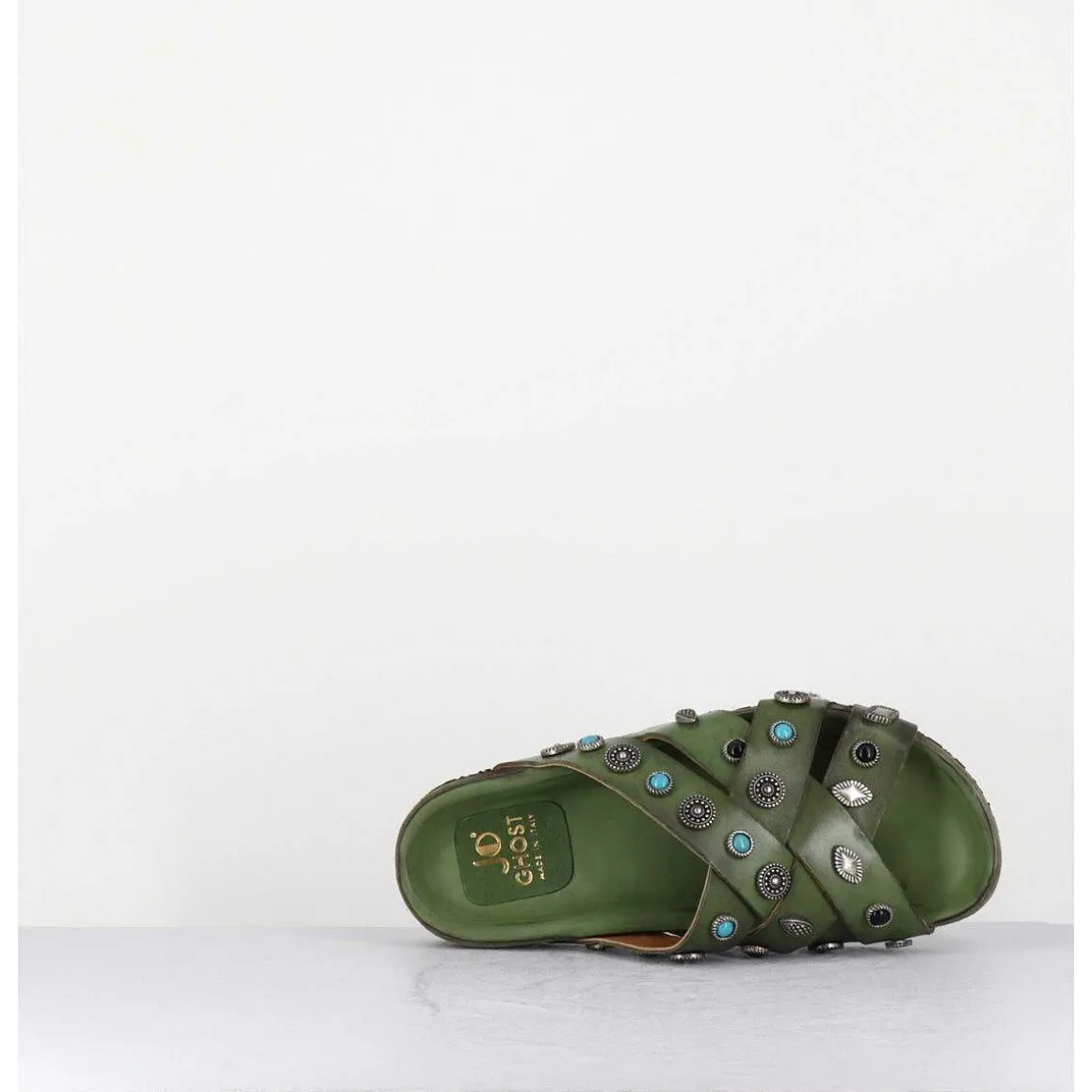 Mules Multi-Brides En Cuir Vert Ornees De Pierres - 3587Mod Verde