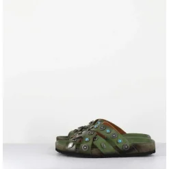 Mules Multi-Brides En Cuir Vert Ornees De Pierres - 3587Mod Verde