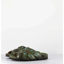 Mules Multi-Brides En Cuir Vert Ornees De Pierres - 3587Mod Verde