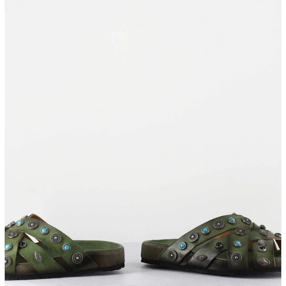 Mules Multi-Brides En Cuir Vert Ornees De Pierres - 3587Mod Verde