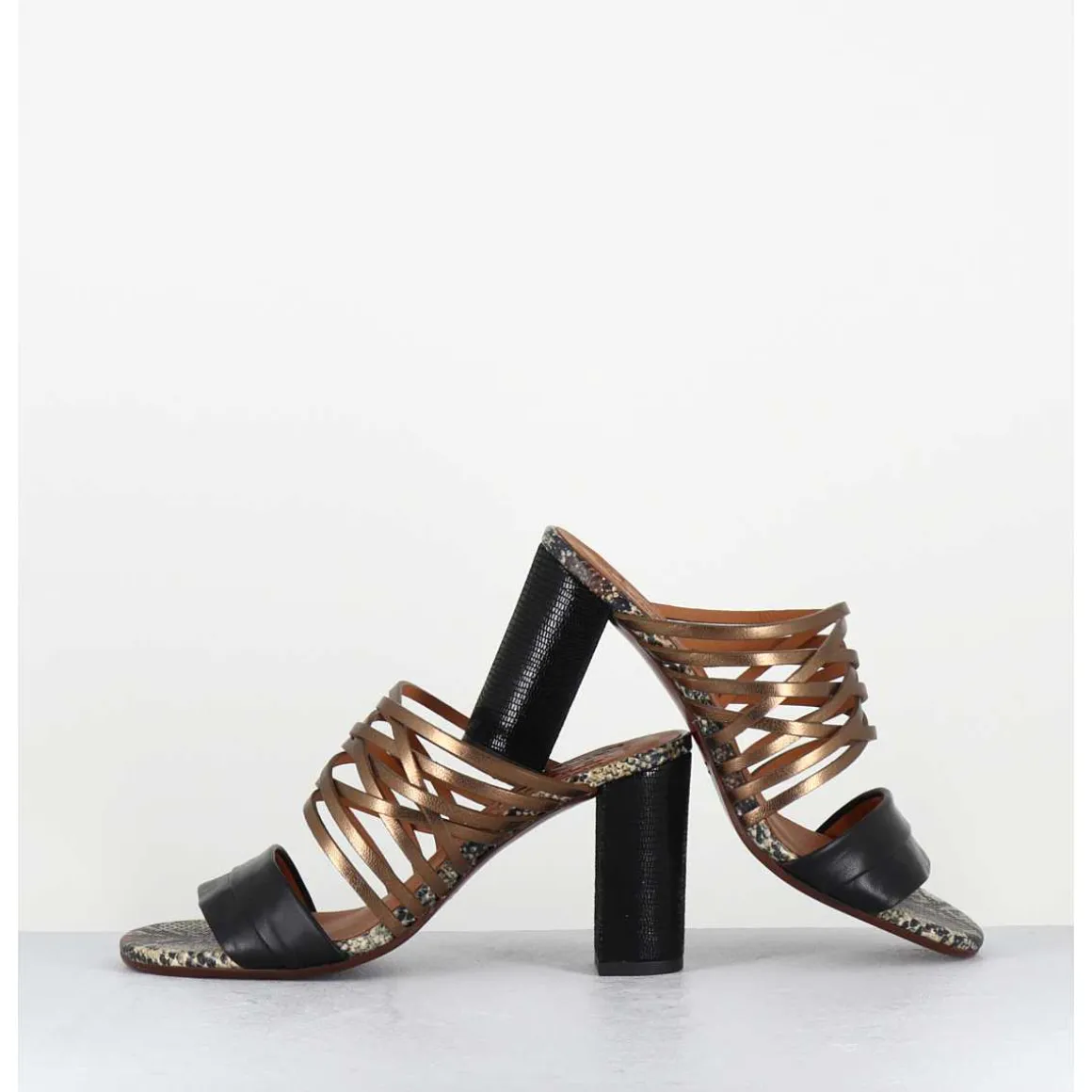Mules Multi-Matieres En Cuir Tresse Bronze & Noir - Bisu Softy Negro