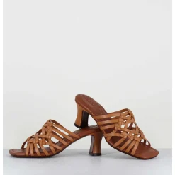 Mules Petit Talon Retro En Cuir Tresse Camel - Nayla Woven Peach