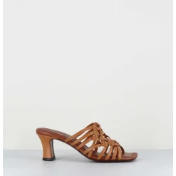 Mules Petit Talon Retro En Cuir Tresse Camel - Nayla Woven Peach
