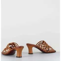 Mules Petit Talon Retro En Cuir Tresse Camel - Nayla Woven Peach