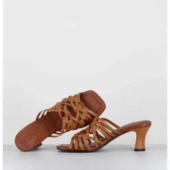 Mules Petit Talon Retro En Cuir Tresse Camel - Nayla Woven Peach