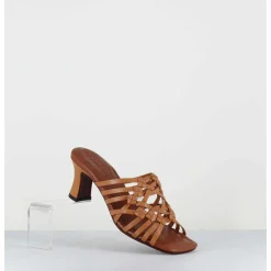 Mules Petit Talon Retro En Cuir Tresse Camel - Nayla Woven Peach