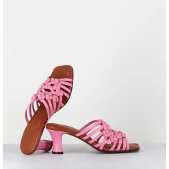 Mules Petit Talon Retro En Cuir Tresse Rose - Nayla Woven Pink