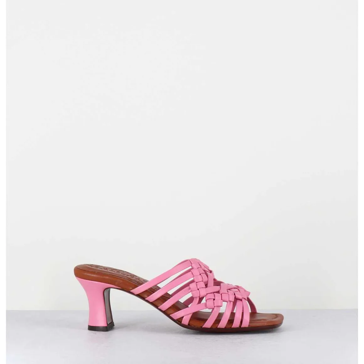 Mules Petit Talon Retro En Cuir Tresse Rose - Nayla Woven Pink