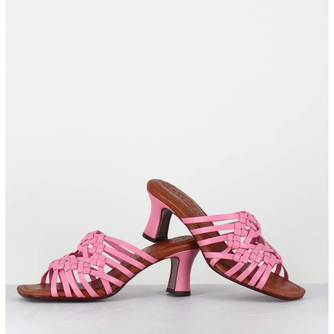 Mules Petit Talon Retro En Cuir Tresse Rose - Nayla Woven Pink