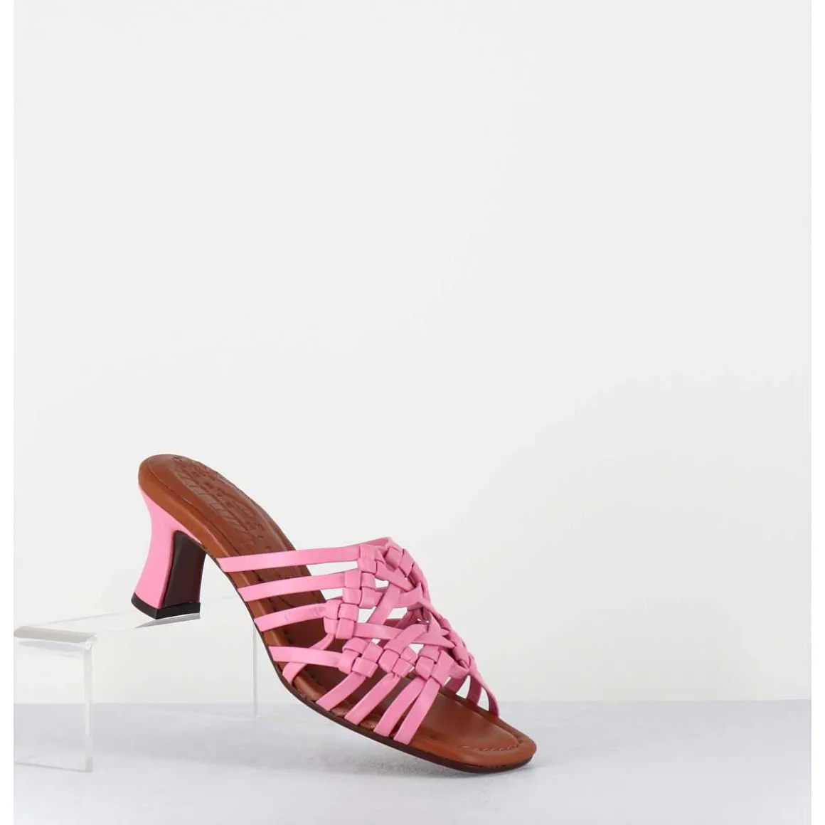Mules Petit Talon Retro En Cuir Tresse Rose - Nayla Woven Pink