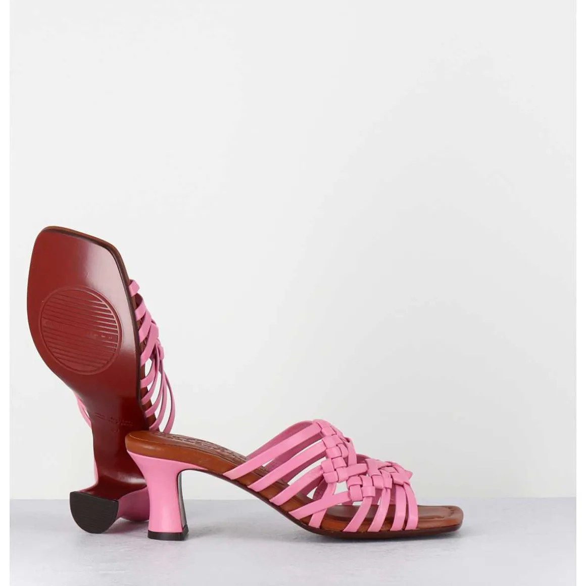 Mules Petit Talon Retro En Cuir Tresse Rose - Nayla Woven Pink