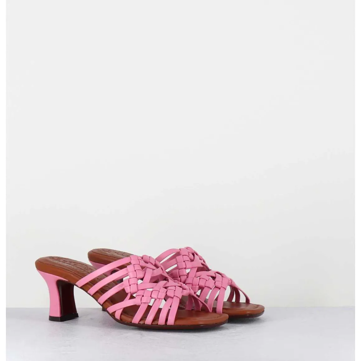 Mules Petit Talon Retro En Cuir Tresse Rose - Nayla Woven Pink