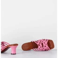 Mules Petit Talon Retro En Cuir Tresse Rose - Nayla Woven Pink