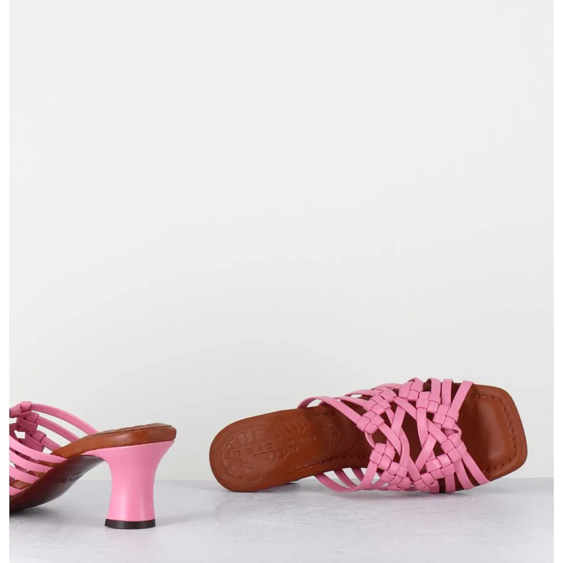 Mules Petit Talon Retro En Cuir Tresse Rose - Nayla Woven Pink