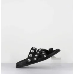 Mules Plates Entre-Doigts En Cuir Noir & Rivets Argent - Kero Tuffato Nero