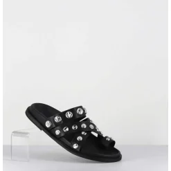 Mules Plates Entre-Doigts En Cuir Noir & Rivets Argent - Kero Tuffato Nero