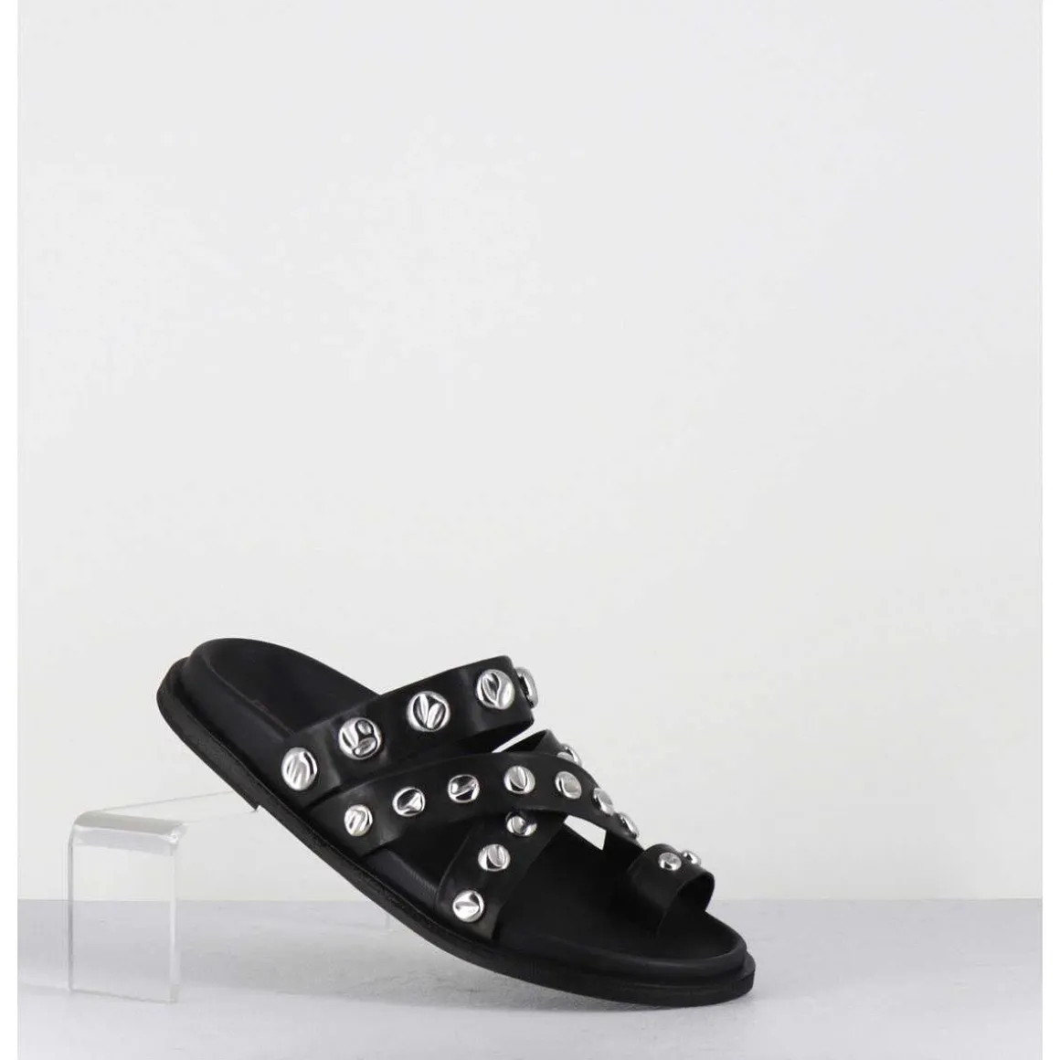 Mules Plates Entre-Doigts En Cuir Noir & Rivets Argent - Kero Tuffato Nero